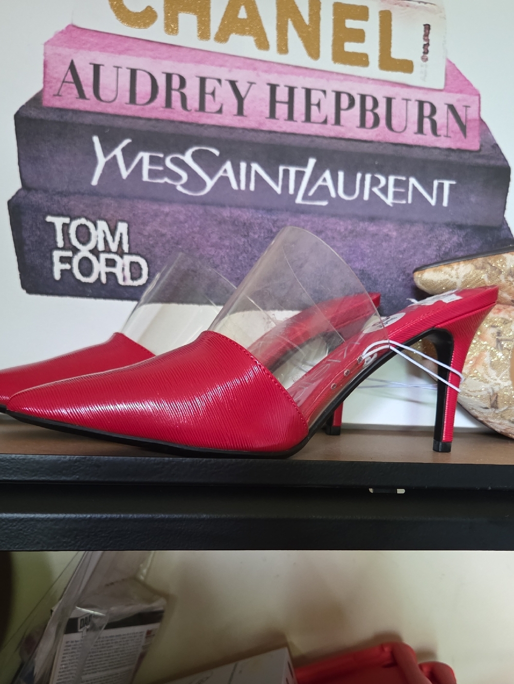 Calvin Klein Red Pointed PVC-Trim Mid Heel Mules